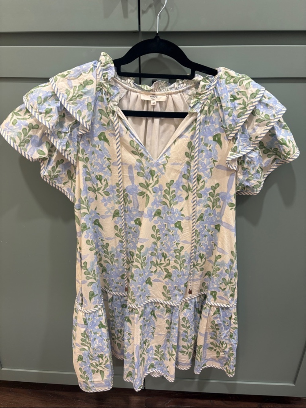 entro Floral Ruffle Sleeve Dress in Light Blue, Green and Cream